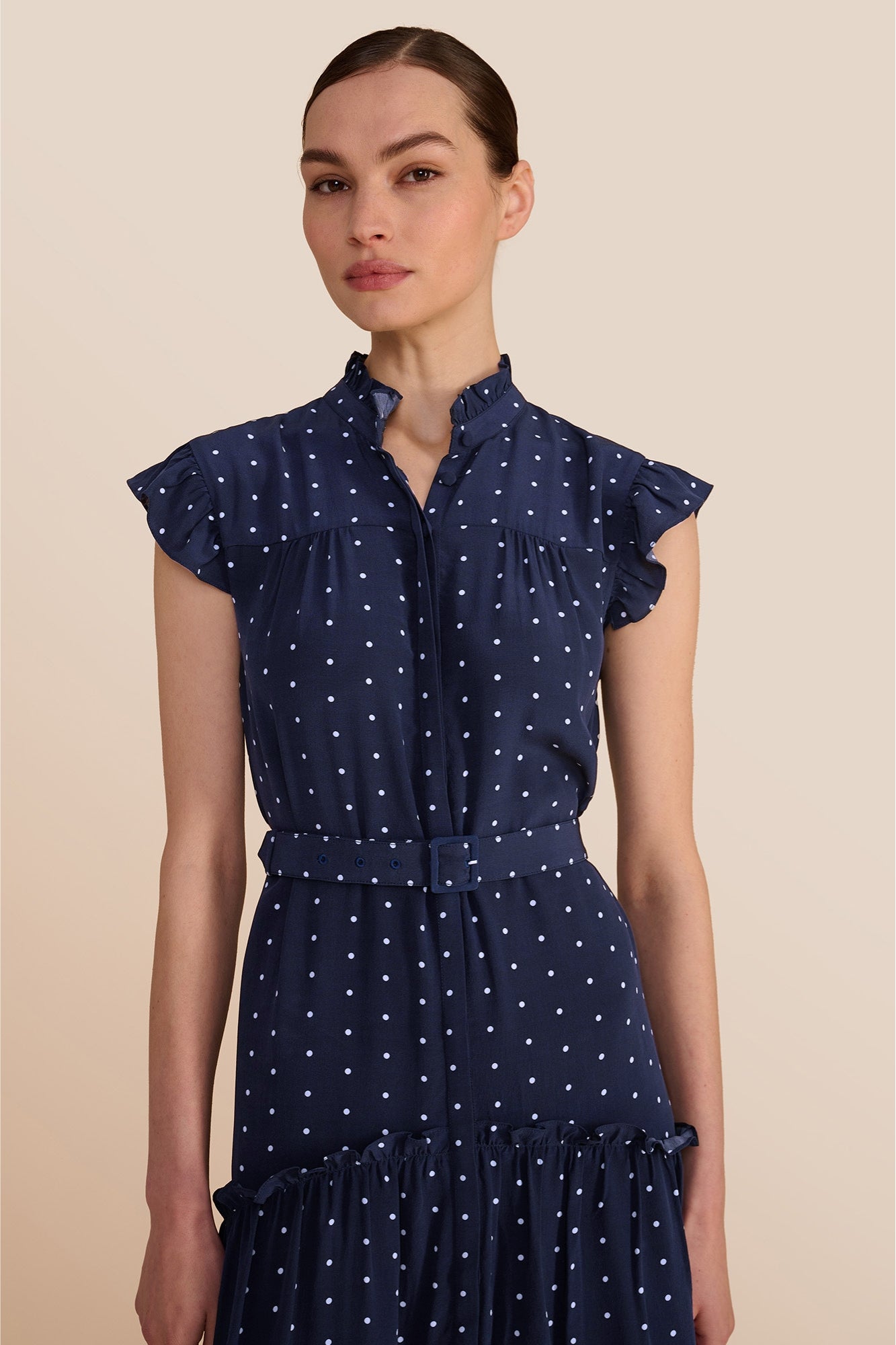 Darsha Navy Polka Dot Sleeveless Dress