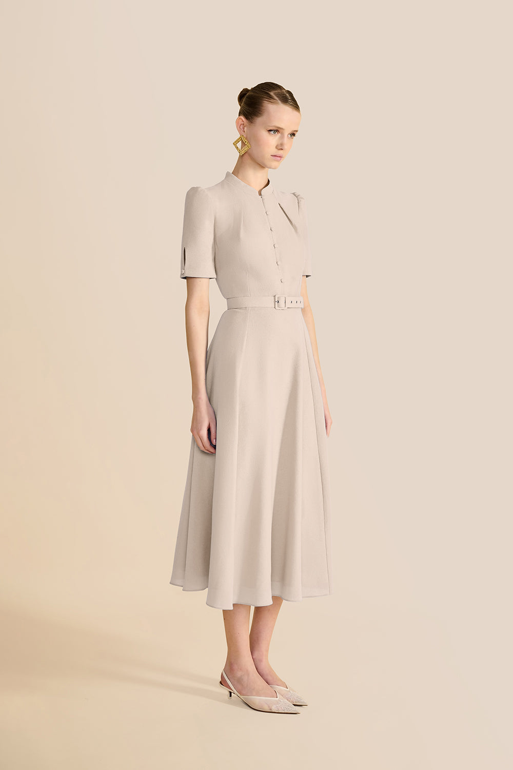 Ahana Beige Short Sleeve Dress