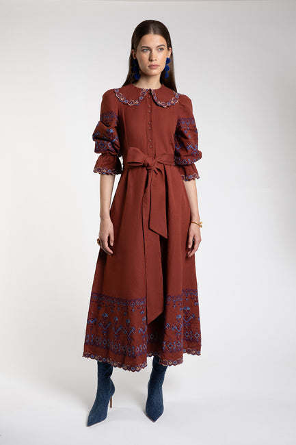 Dhalia Embroidered Rust Dress