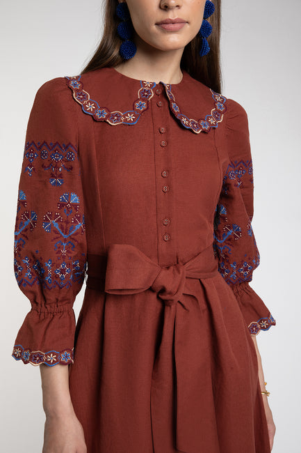 Dhalia Embroidered Rust Dress