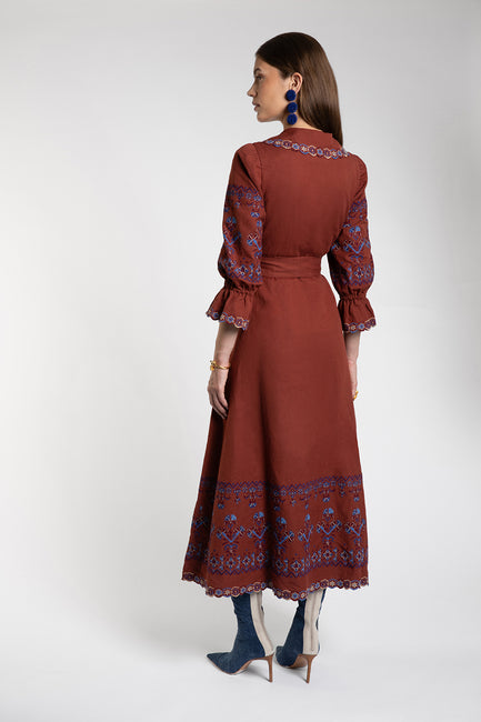 Dhalia Embroidered Rust Dress