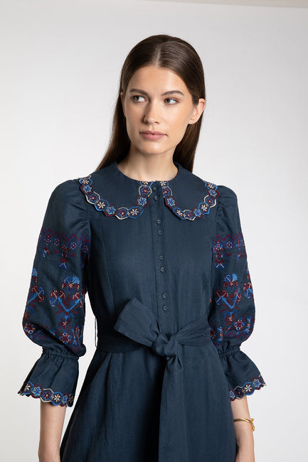 Dhalia Embroidered Navy Dress