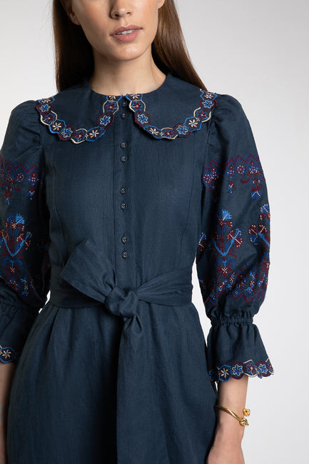 Dhalia Embroidered Navy Dress