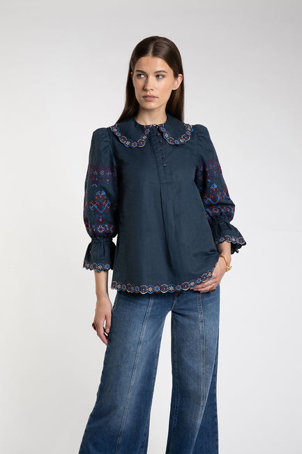 Rue Embroidered Navy Blouse
