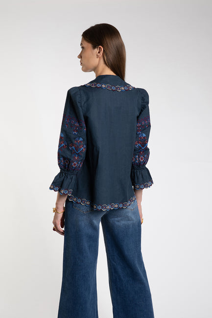 Rue Embroidered Navy Blouse