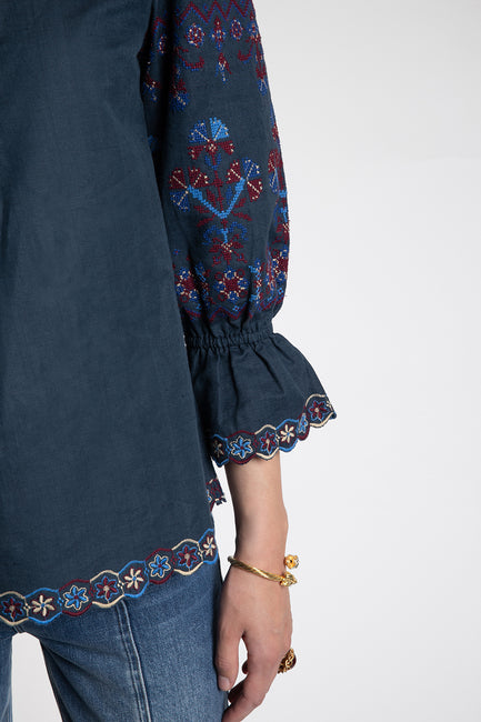 Rue Embroidered Navy Blouse