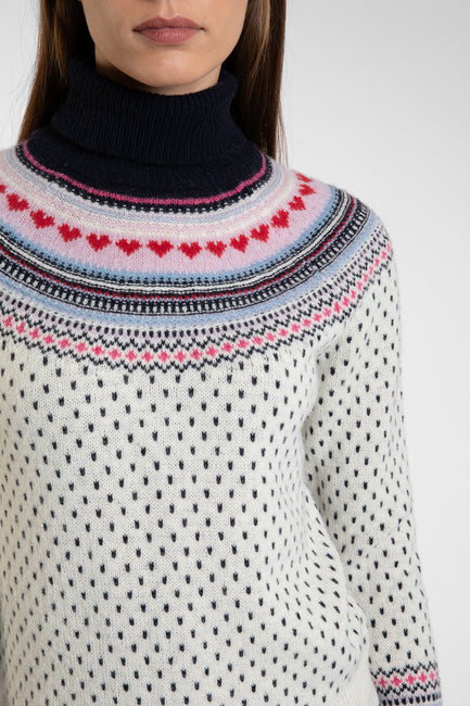 Merino Lambswool Fair Isle Polo Neck in Ecru