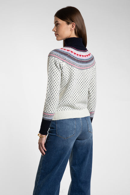 Merino Lambswool Fair Isle Polo Neck in Ecru