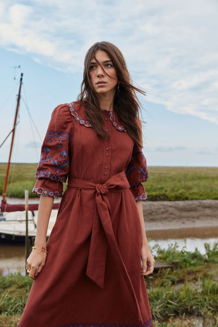 Dhalia Embroidered Rust Dress