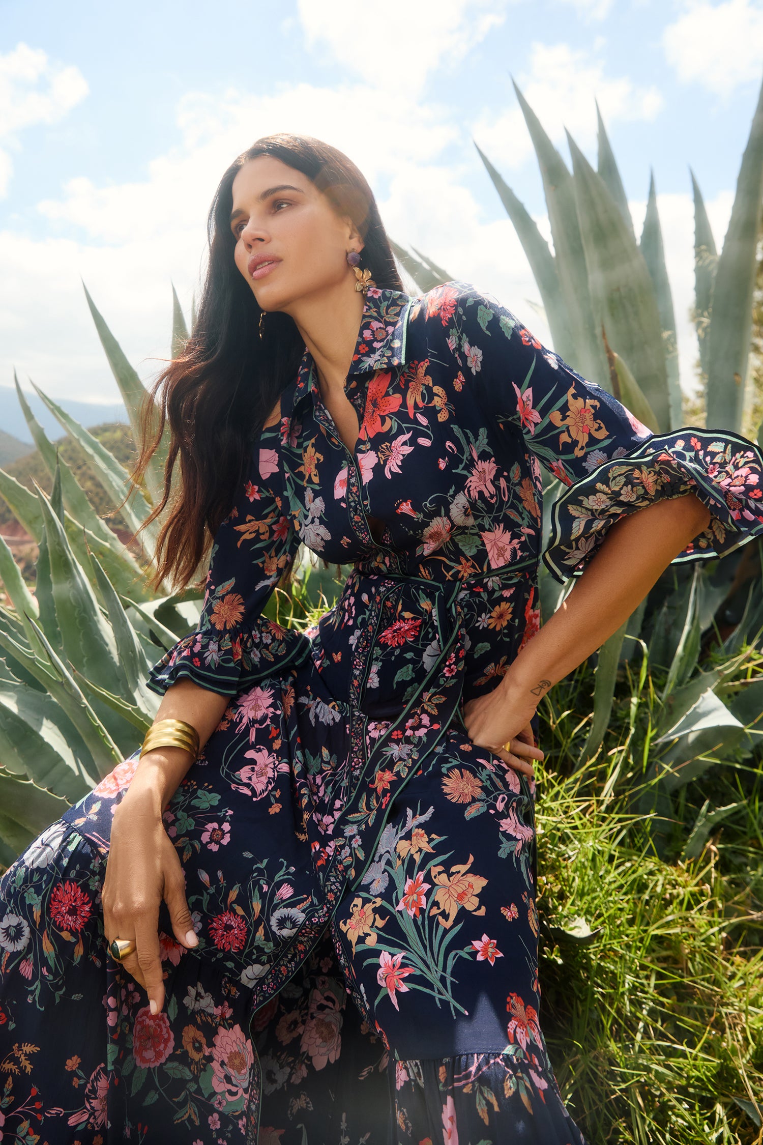 Nalini Navy Floral Bouquet Dress