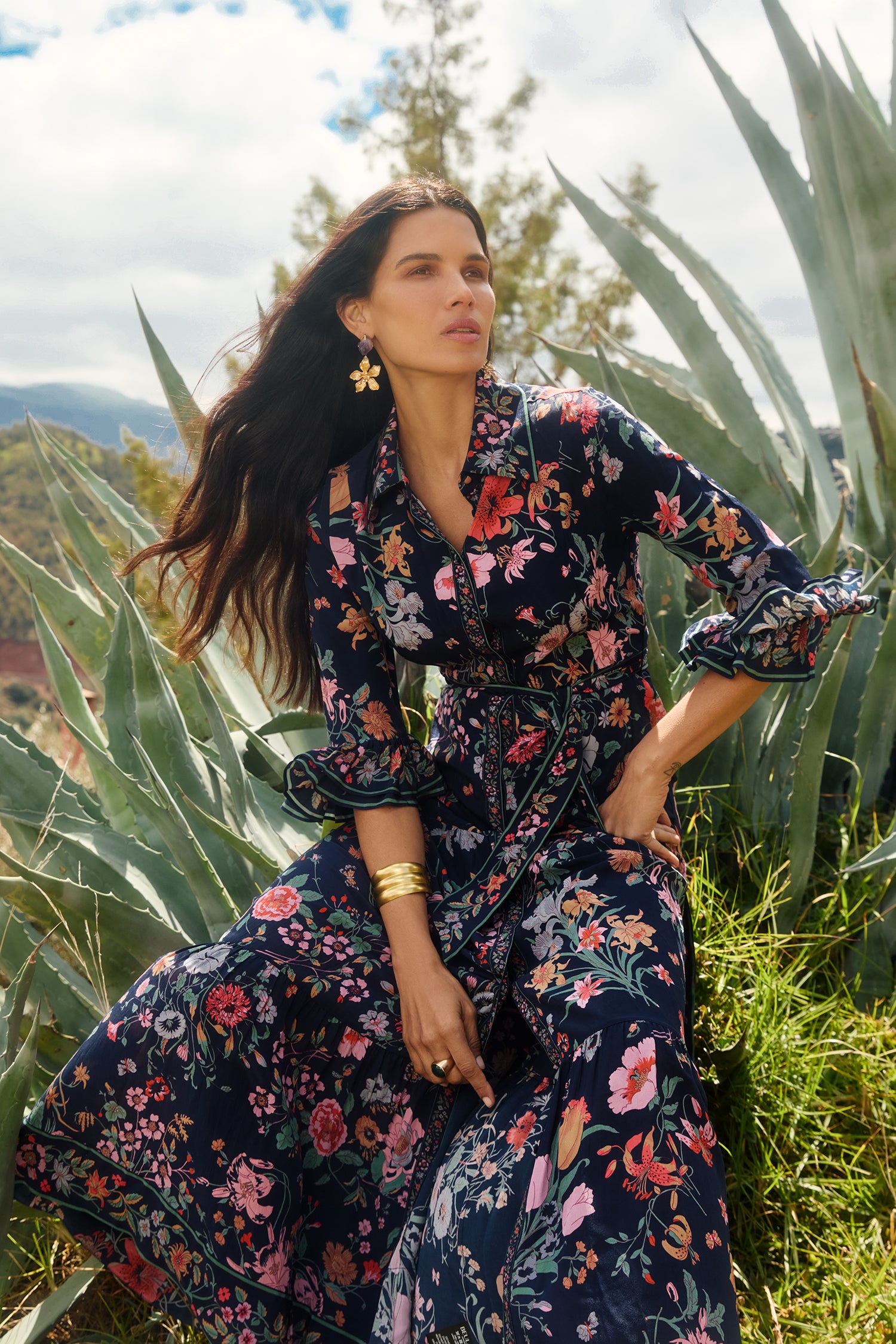 Nalini Navy Floral Bouquet Dress