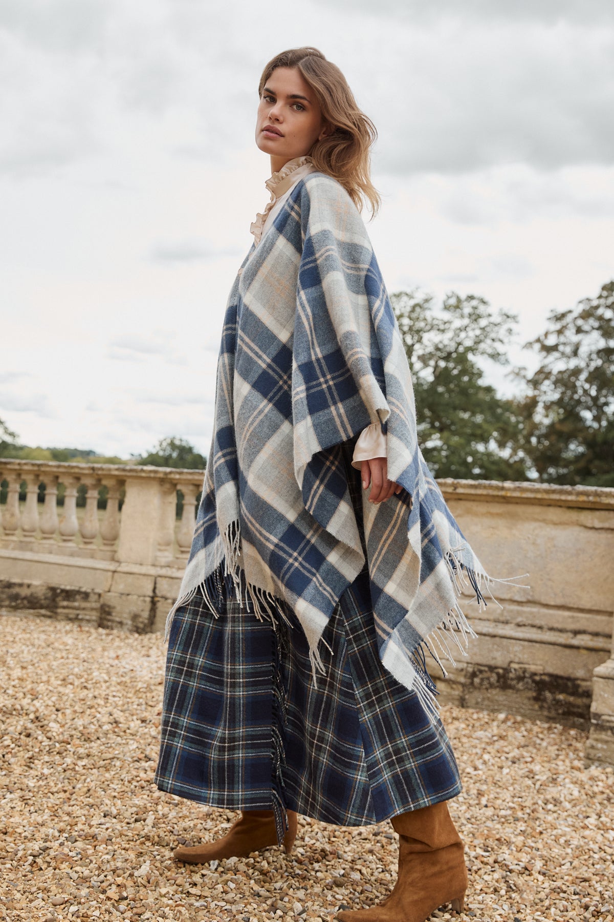 Tartan Navy & Grey Shawl