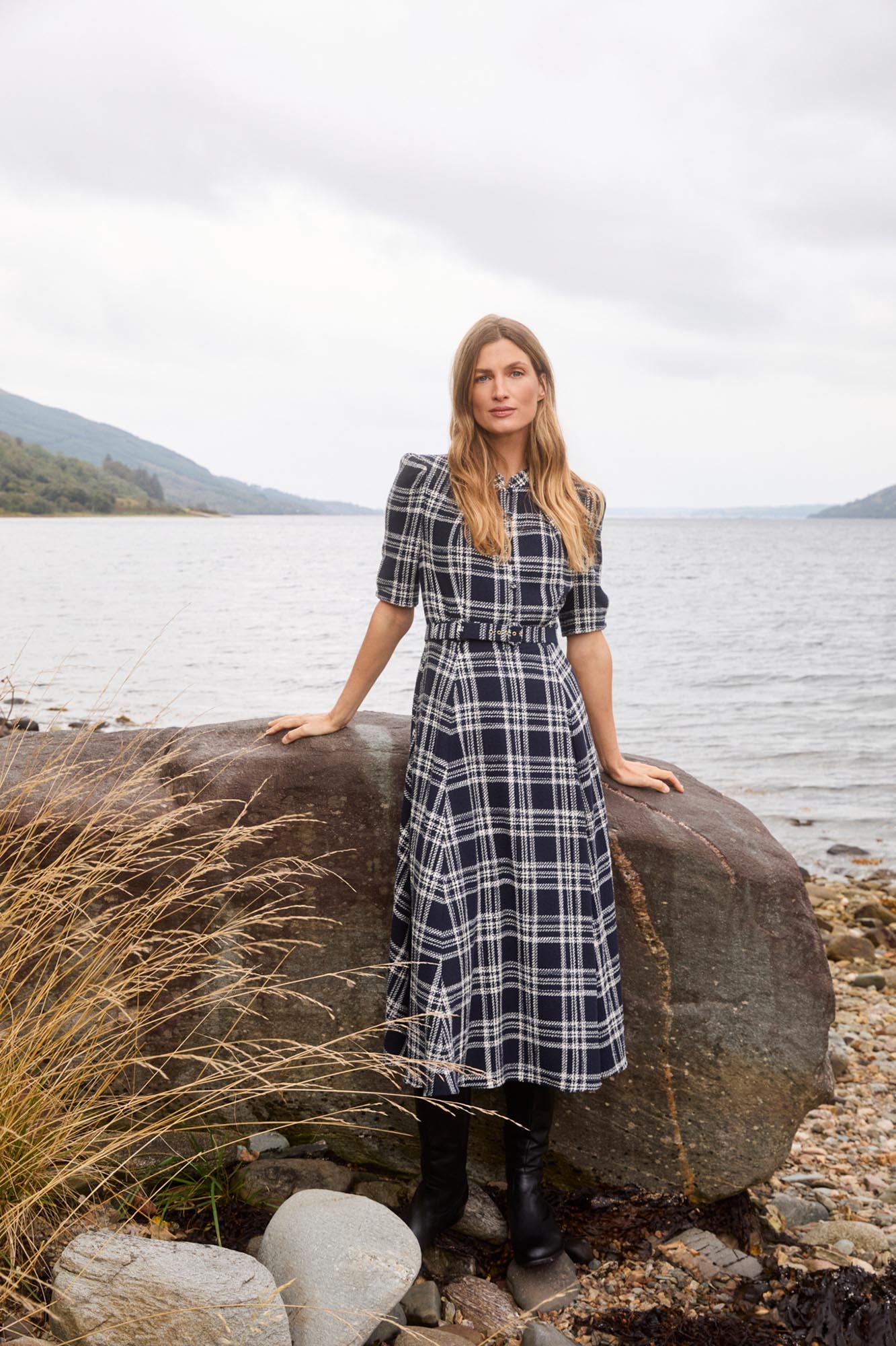 Ahana Navy & White Check Dress