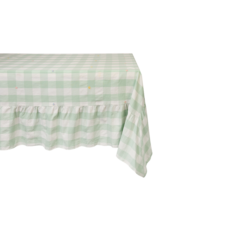 Embroidered Green Gingham Tablecloth