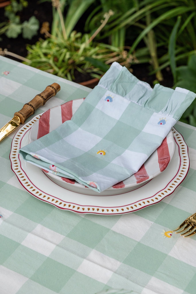 Embroidered Green Gingham Tablecloth