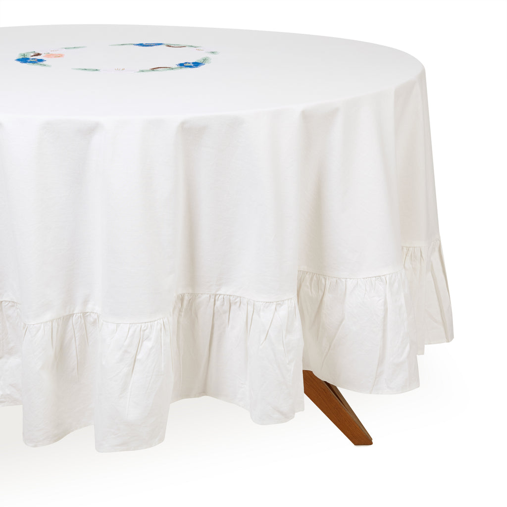Round White Floral Appliqué Tablecloth