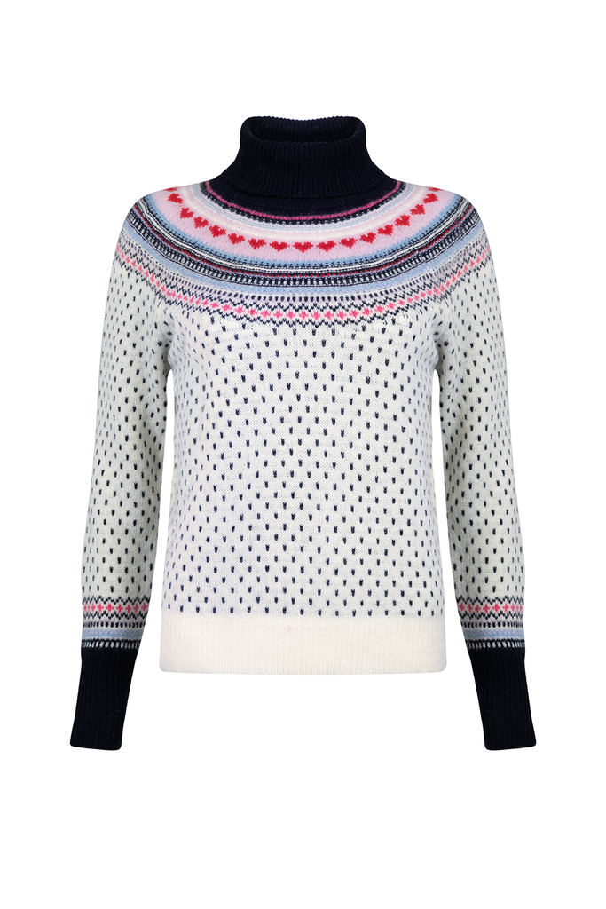 Merino Lambswool Fair Isle Polo Neck in Ecru