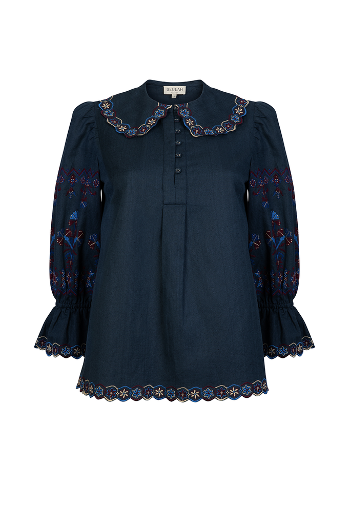 Rue Embroidered Navy Blouse