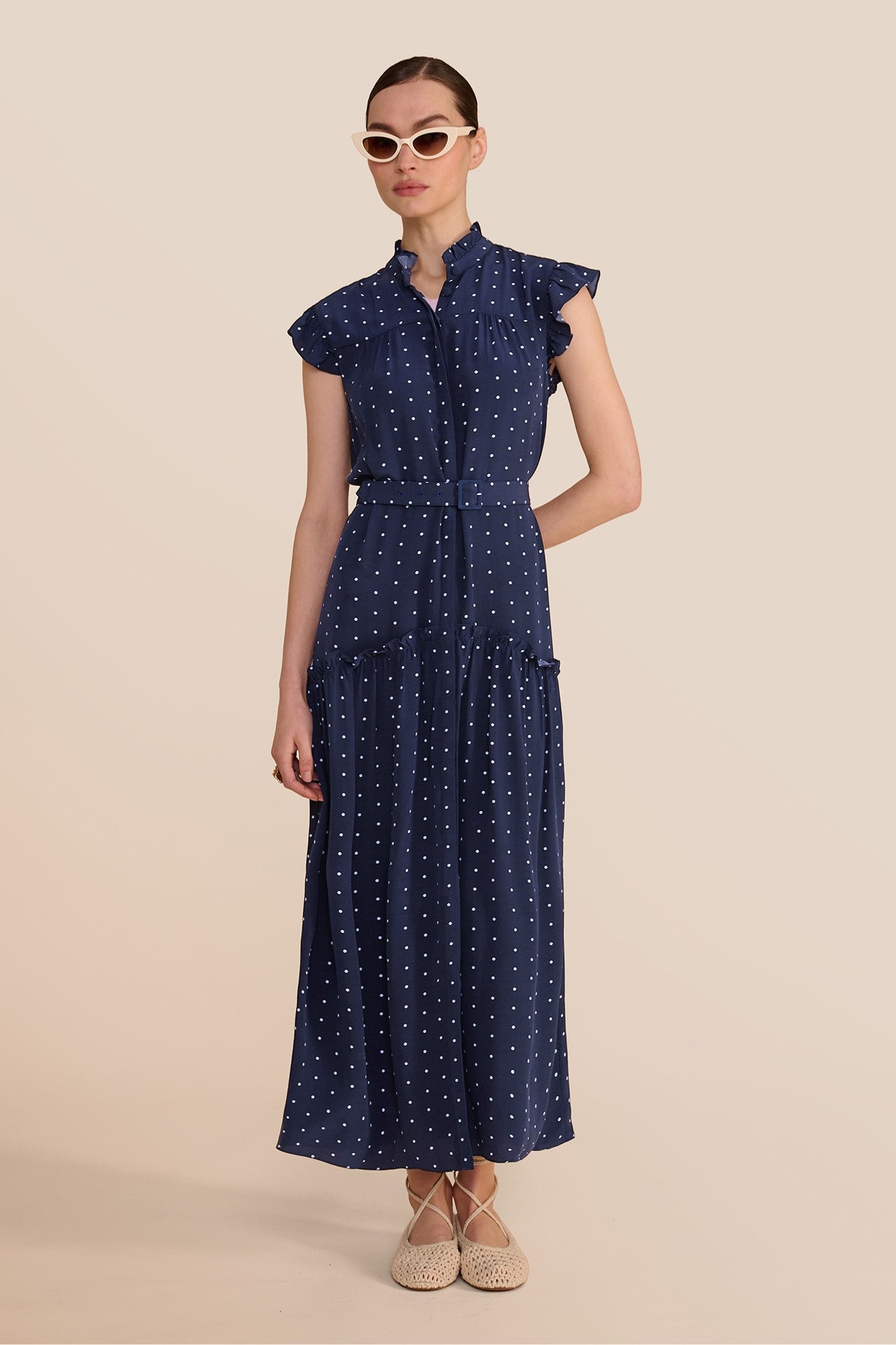 Darsha Navy Polka Dot Sleeveless Dress