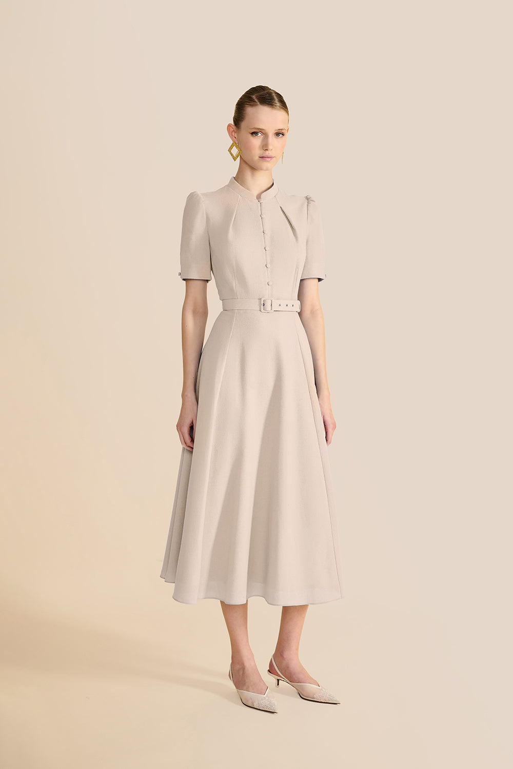 Ahana Beige Short Sleeve Dress
