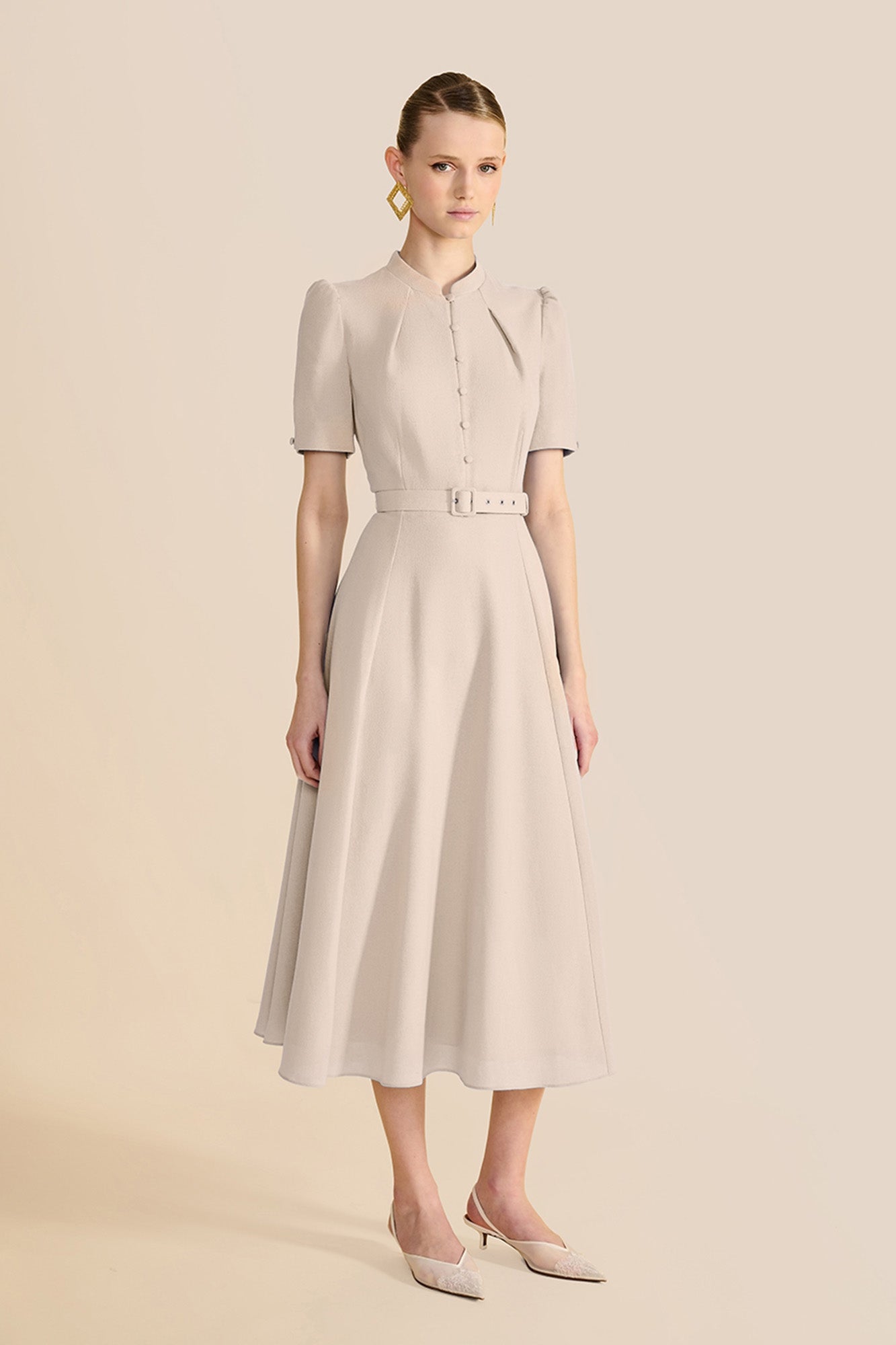Ahana Beige Short Sleeve Dress