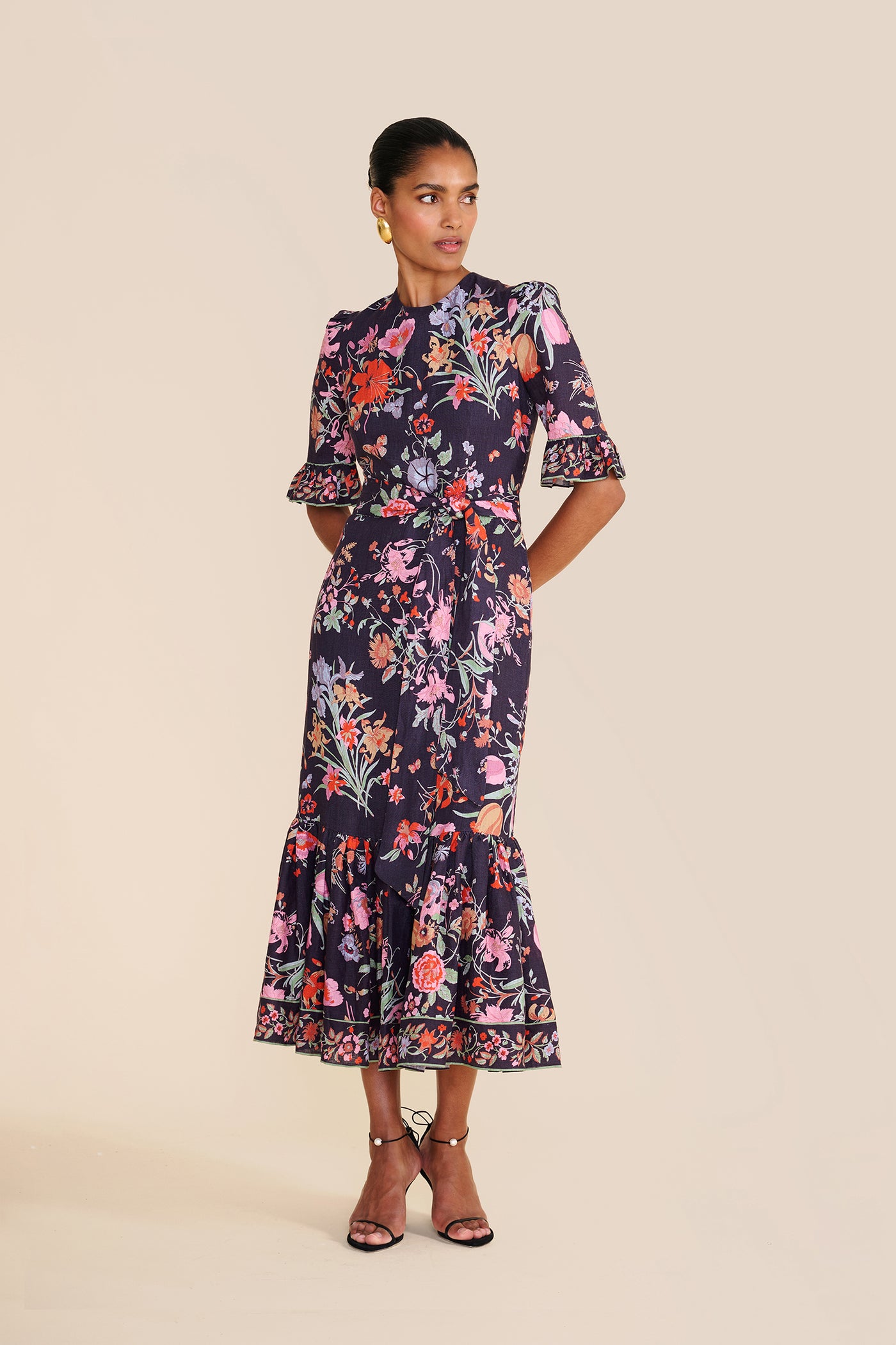 Art Of Bloom Midi Shirt Dress in Navy Floral Linen Blend