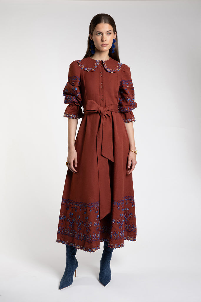 Dhalia Embroidered Rust Dress