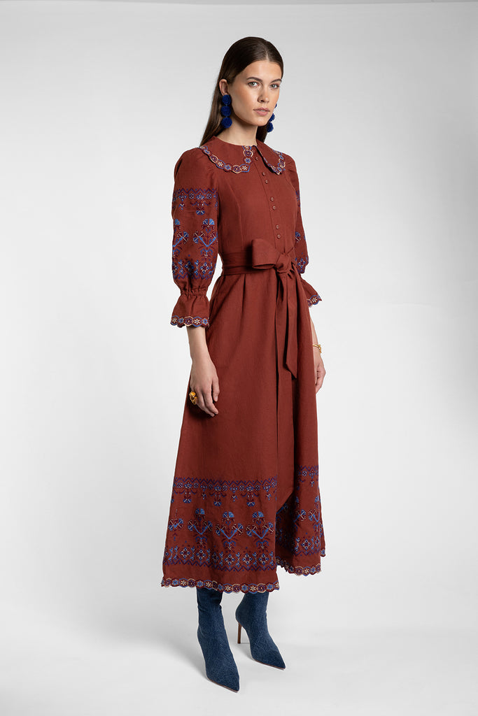 Dhalia Embroidered Rust Dress