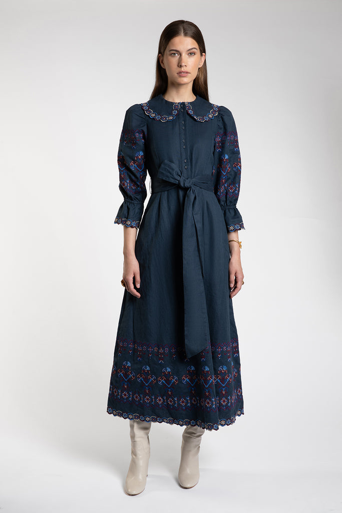 Dhalia Embroidered Navy Dress