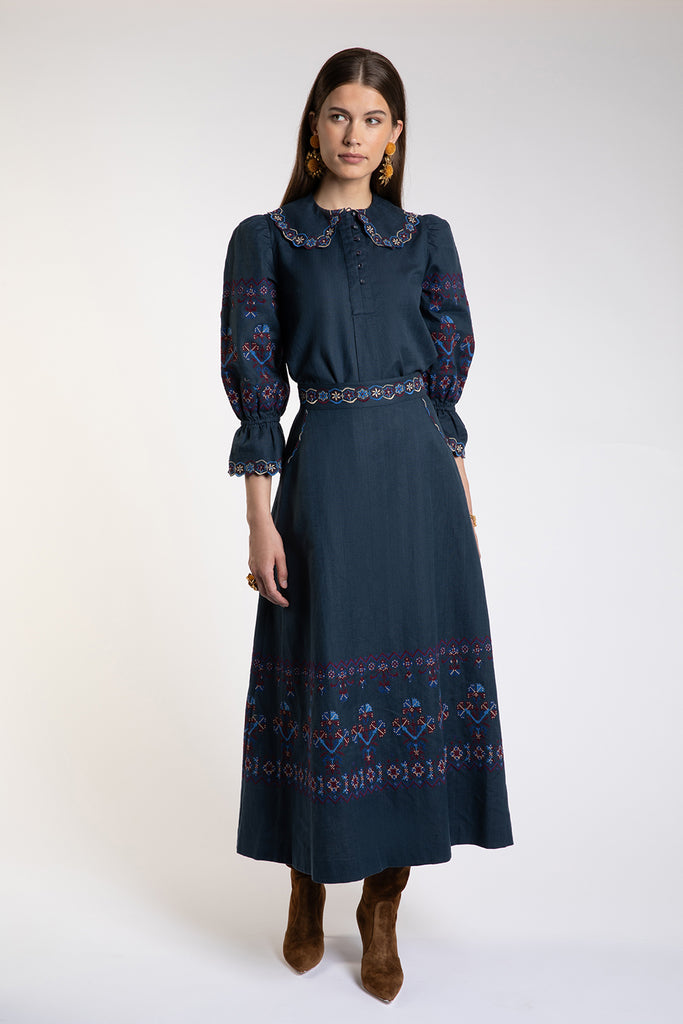 Kalina Embroidered Navy Skirt