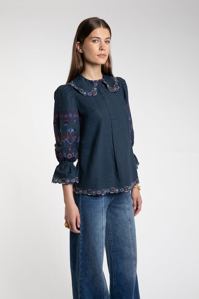 Rue Embroidered Navy Blouse