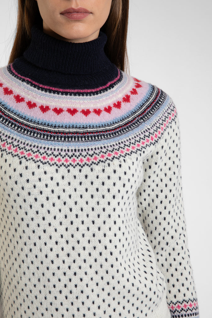 Merino Lambswool Fair Isle Polo Neck in Ecru