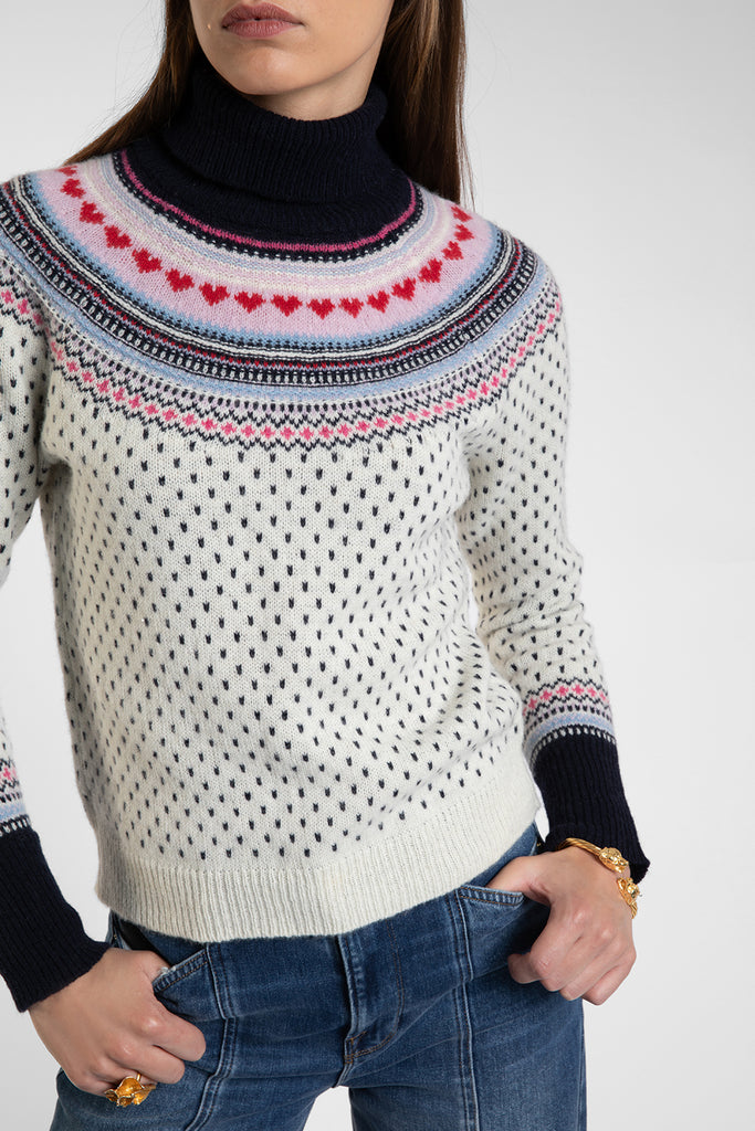 Merino Lambswool Fair Isle Polo Neck in Ecru