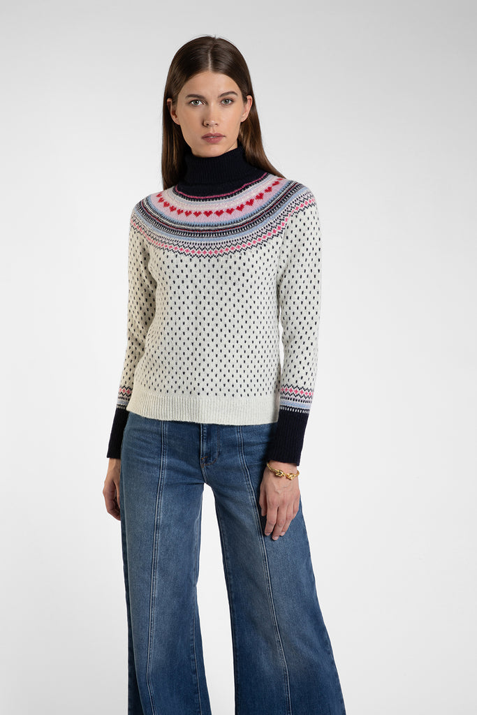 Merino Lambswool Fair Isle Polo Neck in Ecru