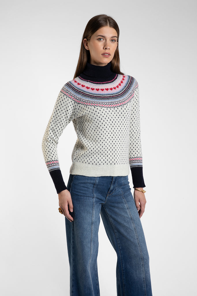 Merino Lambswool Fair Isle Polo Neck in Ecru