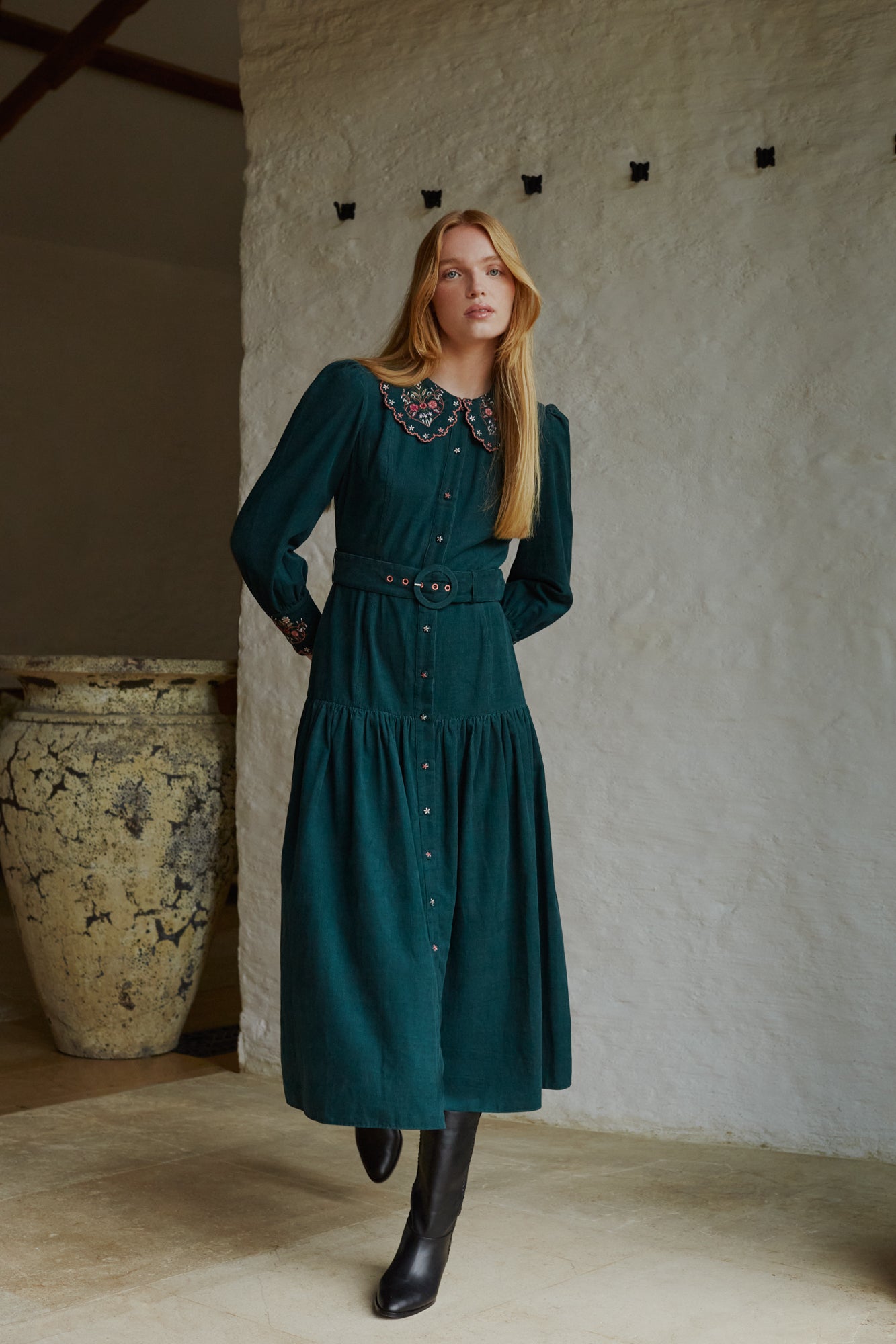 Rosie Evergreen Embroidered Dress