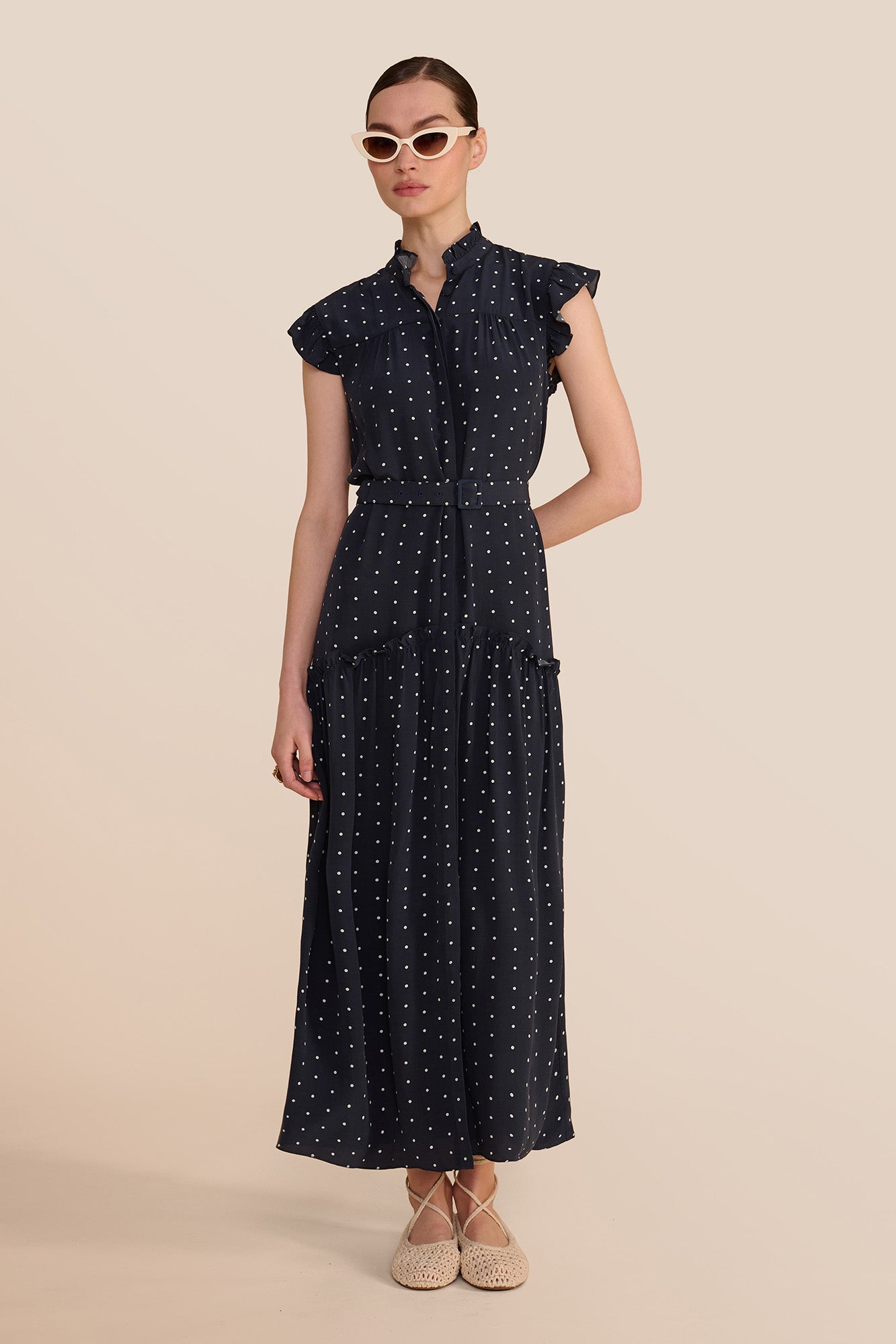 Darsha Navy Polka Dot Sleeveless Dress