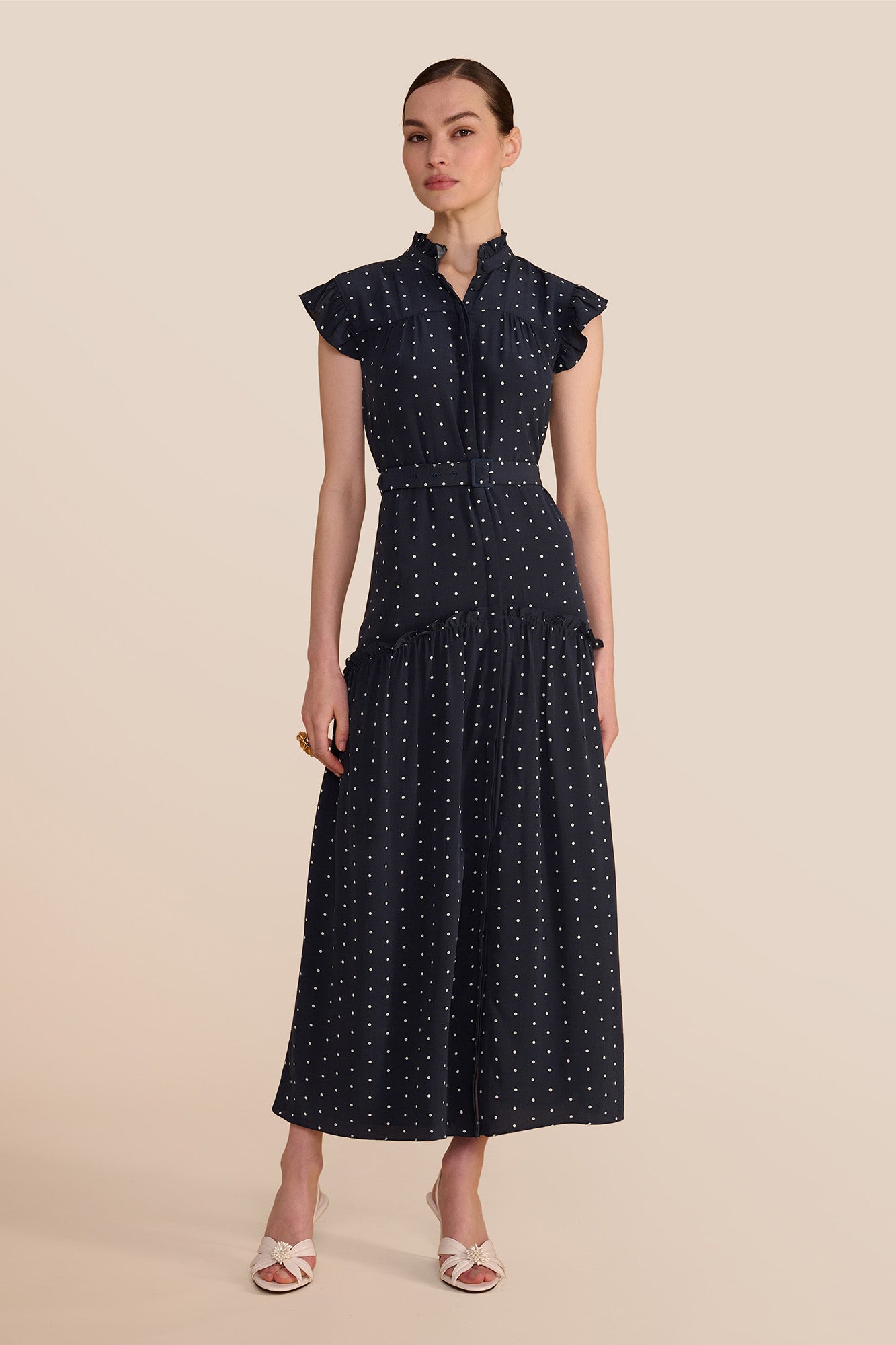 Darsha Navy Polka Dot Sleeveless Dress