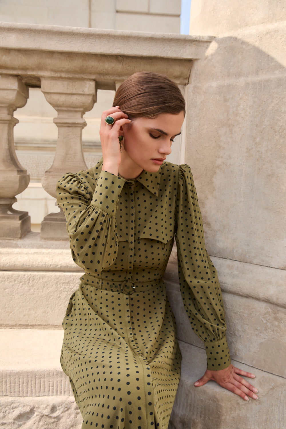 Isadora Olive Polka Dot Dress