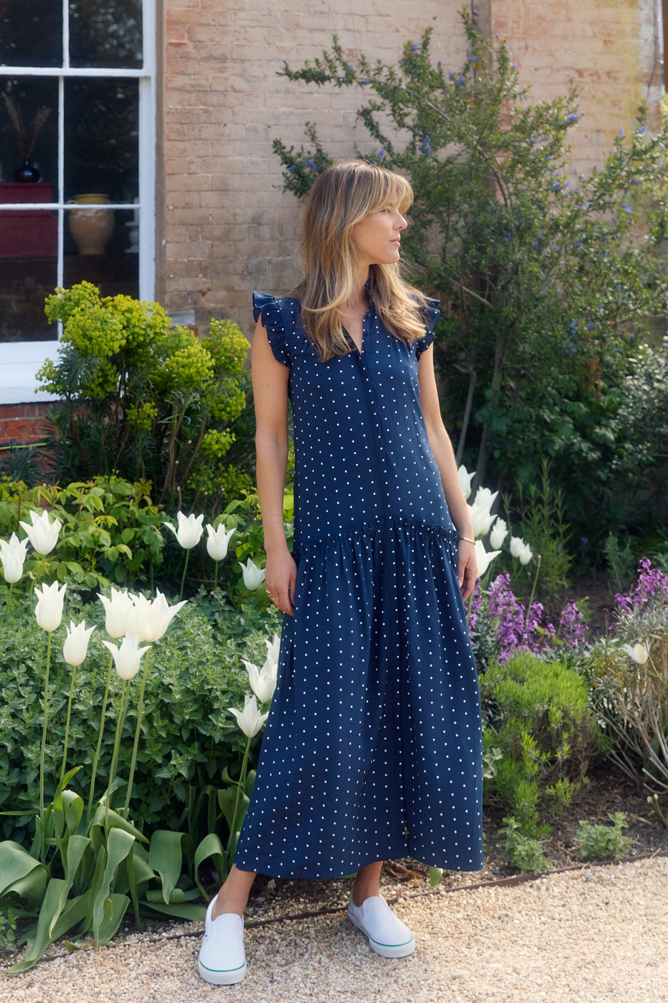 Darsha Navy Polka Dot Sleeveless Dress