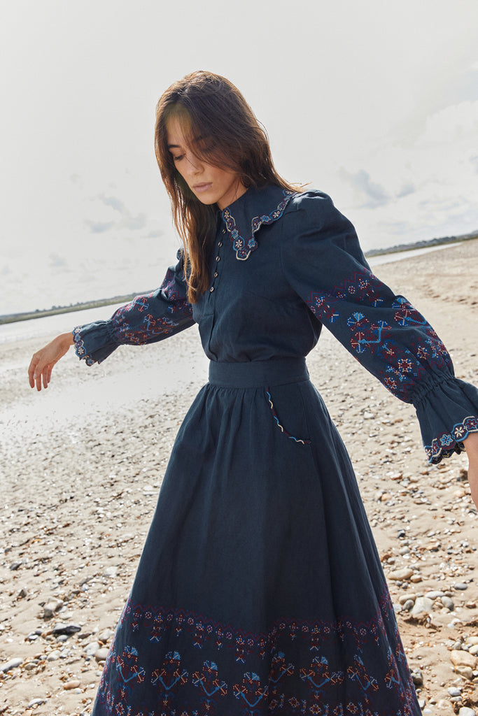 Rue Embroidered Navy Blouse