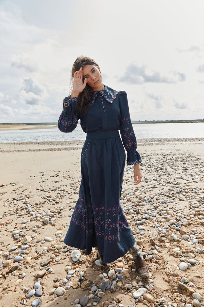 Kalina Embroidered Navy Skirt