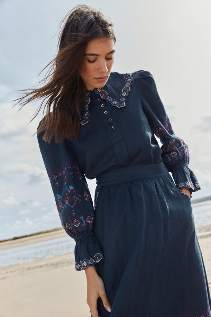 Rue Embroidered Navy Blouse