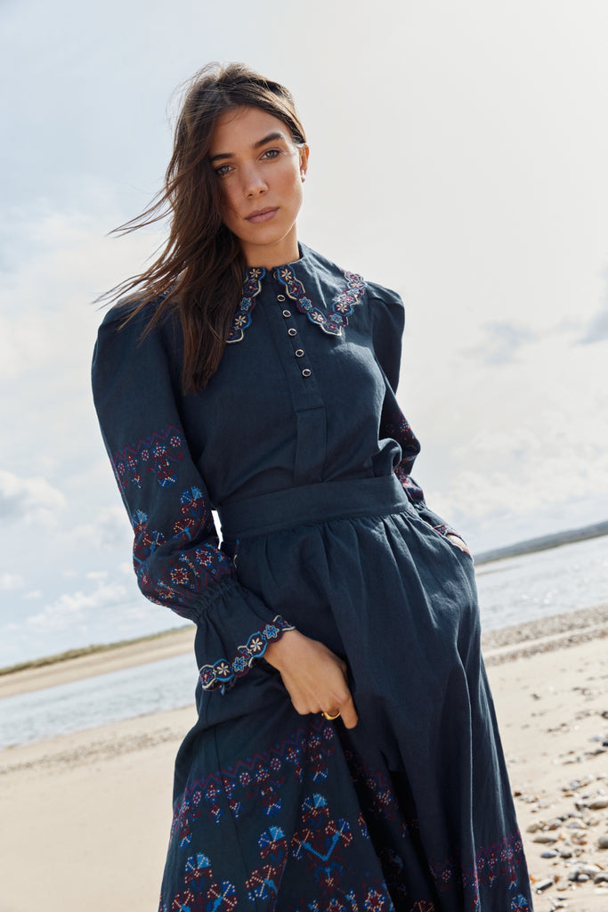 Rue Embroidered Navy Blouse