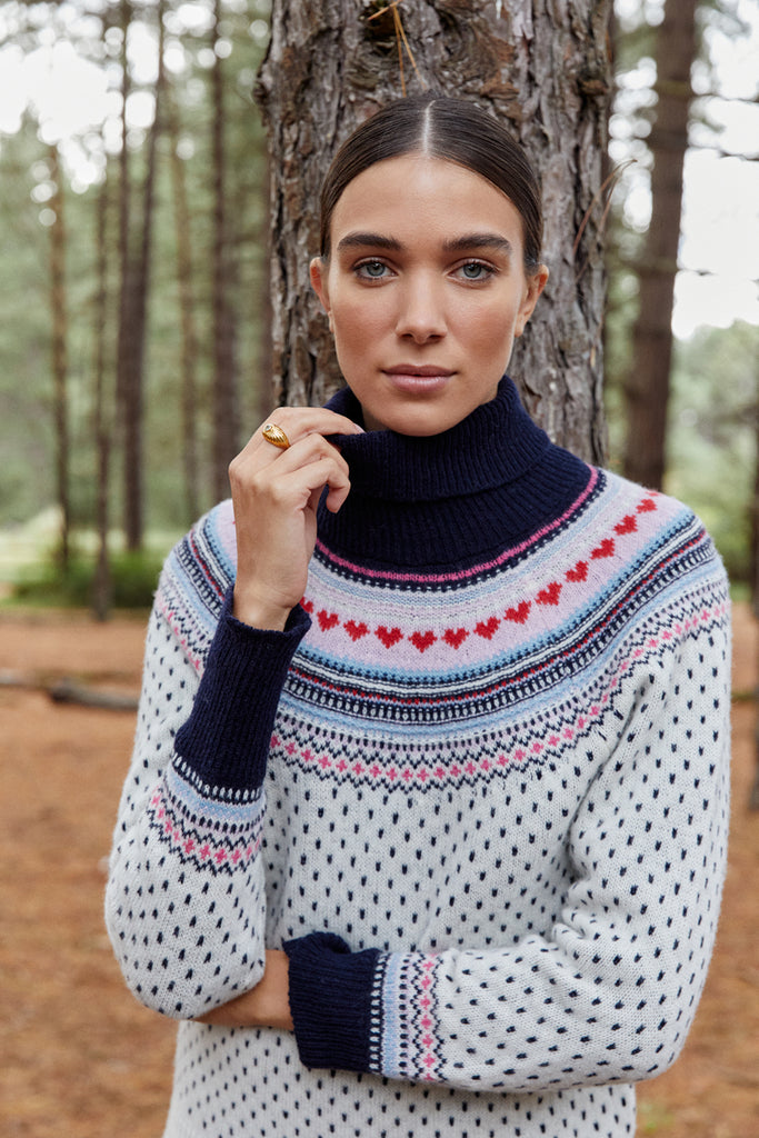 Merino Lambswool Fair Isle Polo Neck in Ecru