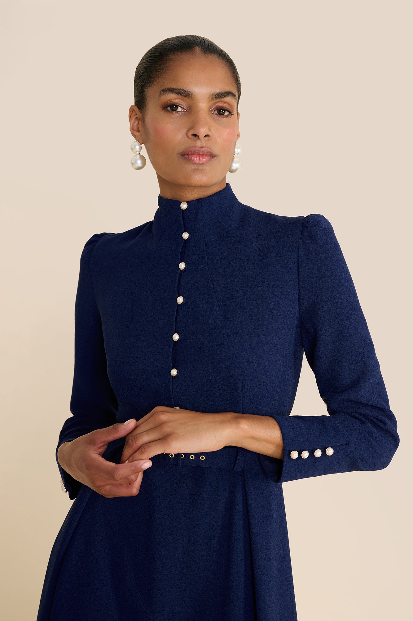 Nyra Navy Long Sleeve Dress | Buttoned Refinement by Beulah