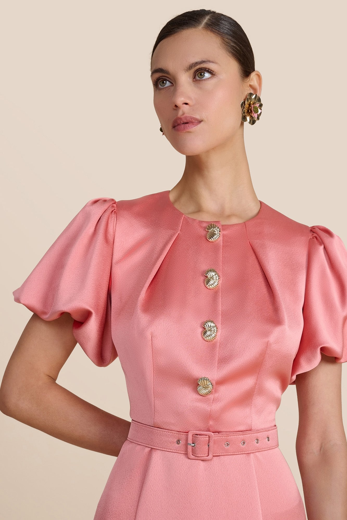 Rani Coral Rose Hammered Satin Dress