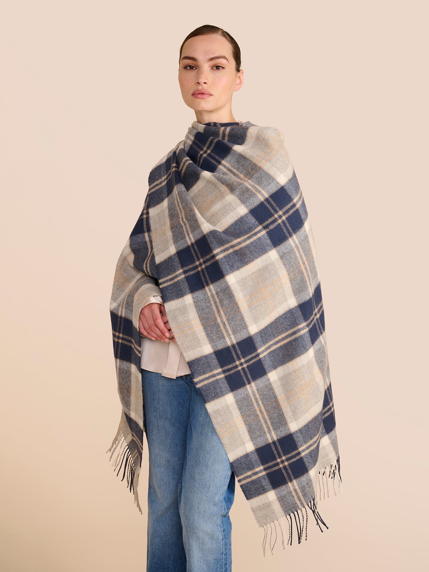 Tartan Navy & Grey Shawl