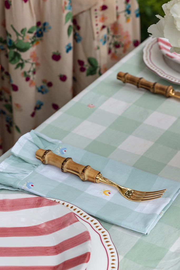 Embroidered Green Gingham Tablecloth