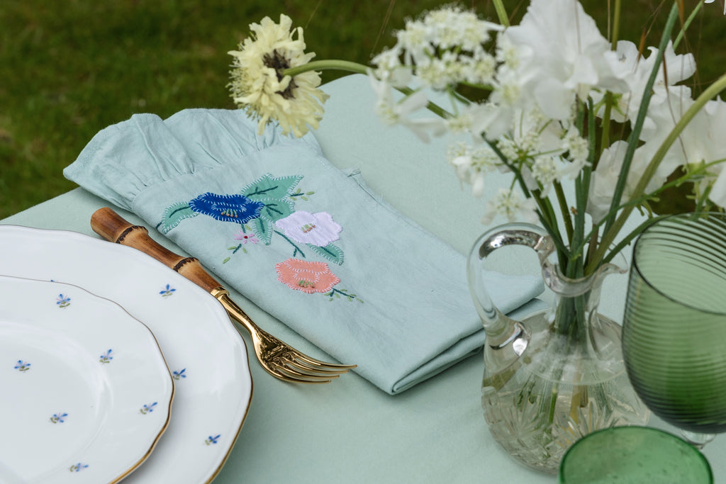 Set of 4 Napkins - Floral Appliqué Green